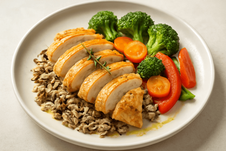 Piept de pui suculent cu orez sălbatic și legume la aburi