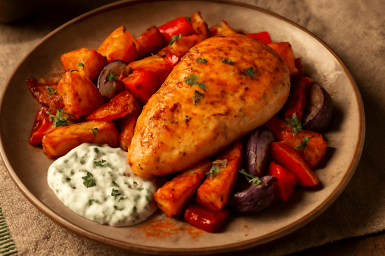 Saftig kycklingfilé med ugnsrostade grönsaker & örtig yoghurtsås