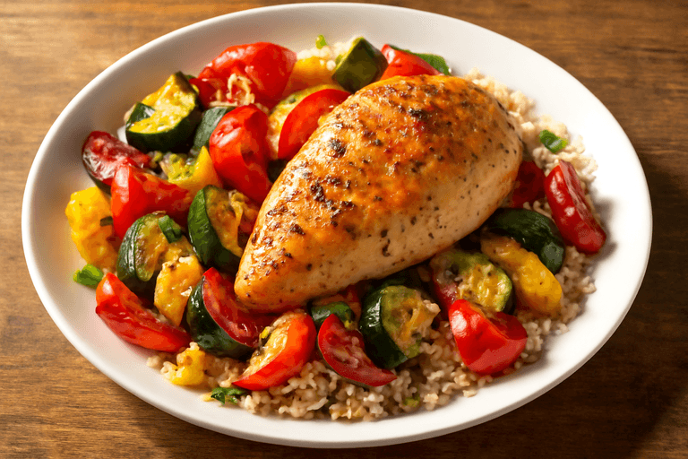 Geroosterde Kipfilet met Gekleurde Groenten en Volkorenrijst