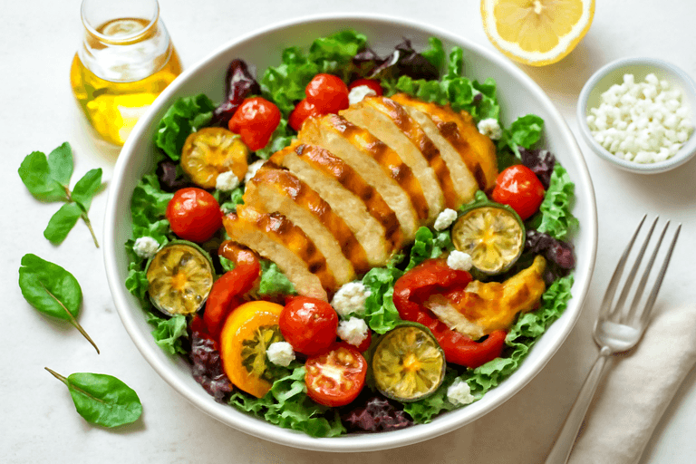 Kleurrijke Kippenborsalade met Gegrilde Groenten