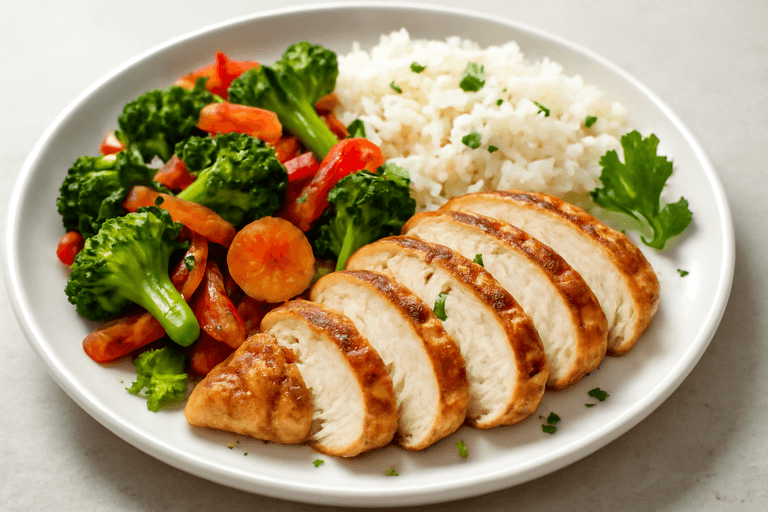 Piept de pui la grătar cu legume sote și orez basmati