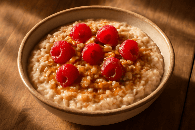 Lekka owsianka z malinami i orzechami włoskimi