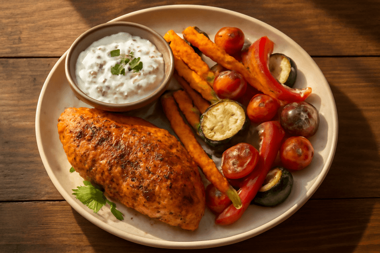 Saftiges Hähnchenfilet mit Ofengemüse & Kräuterjoghurt