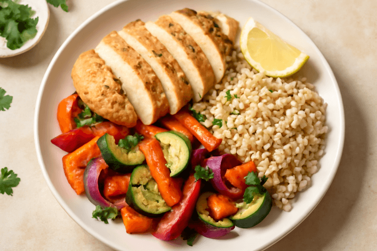 Klassieke Kipfilet met Geroosterde Groenten & Volkorenrijst