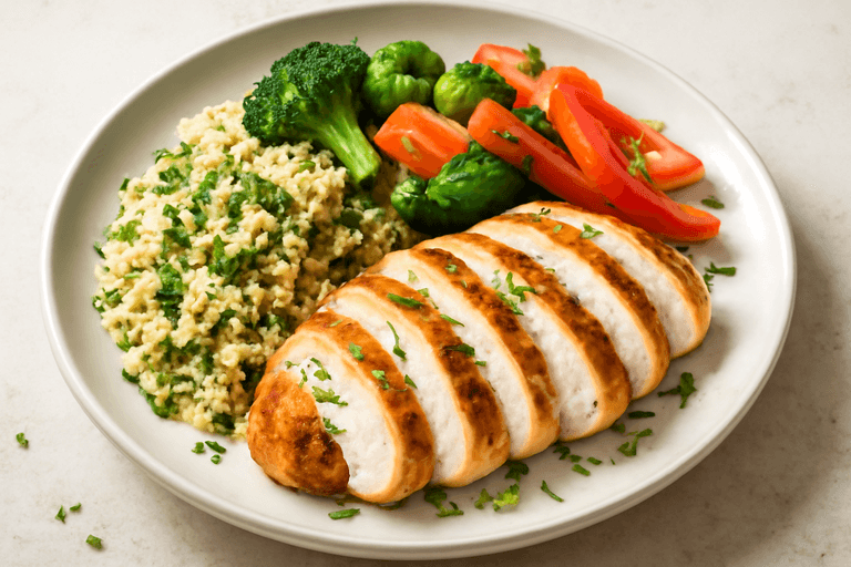 Piept de pui la grătar cu legume asortate și quinoa