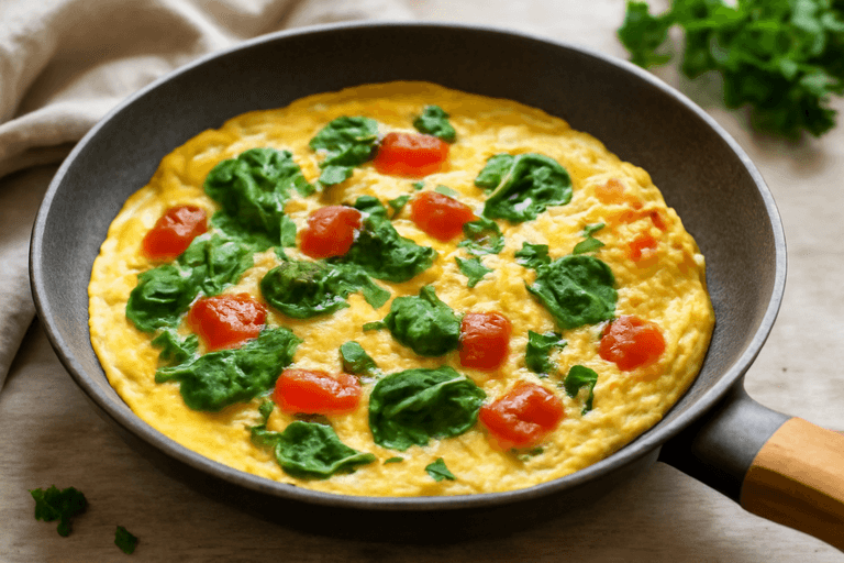 Energiboostande klassisk omelett med spenat och tomat