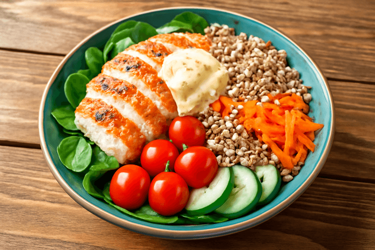 Salată de pui cu quinoa, legume proaspete și dressing light de iaurt