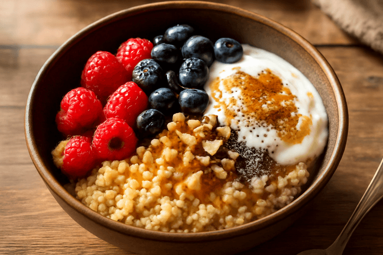 Proteinreiches Veganes Frühstücks-Bowl mit Quinoa und Beeren
