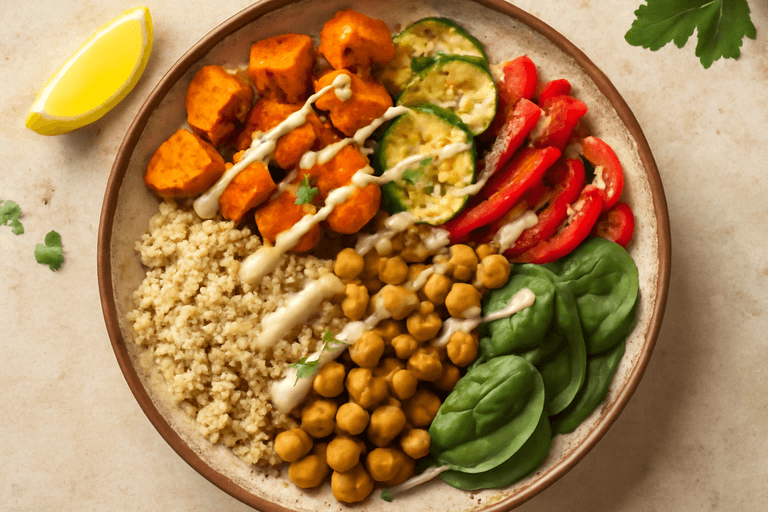 Veganer Quinoa-Gemüse-Bowl mit Zitronen-Tahini-Dressing