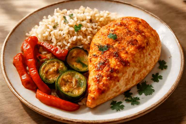 Kipfilet met geroosterde groenten en volkoren rijst