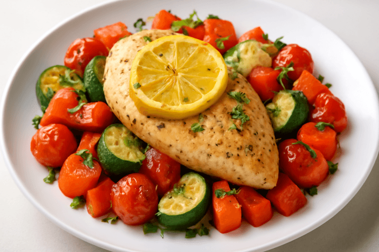 Leichtes Zitronen-Hähnchen mit Ofengemüse