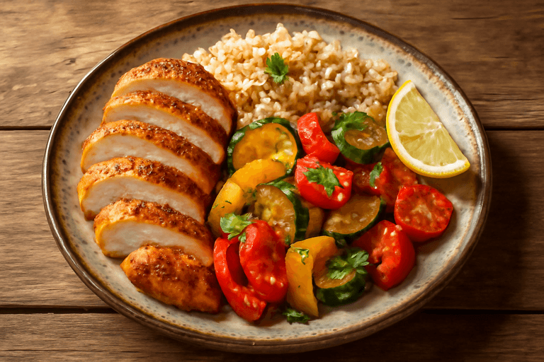 Kipfilet met geroosterde groenten en volkoren rijst