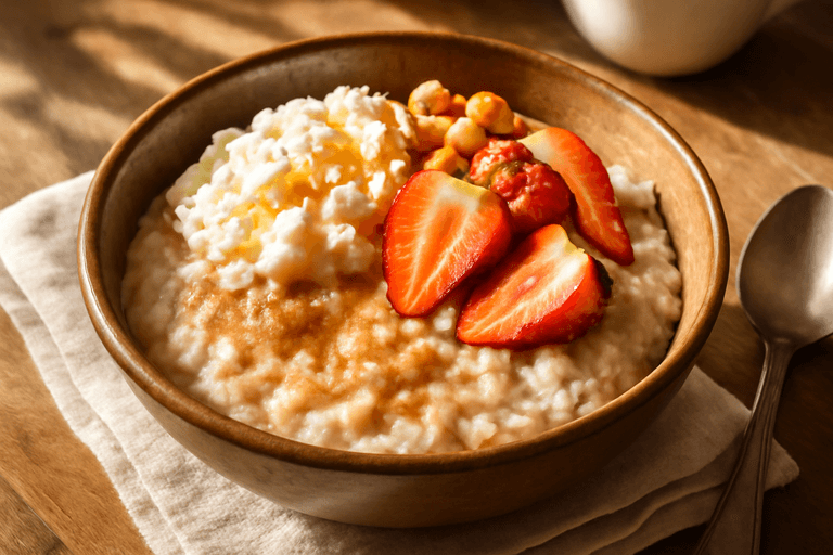 Овсяная чаша с творогом, ягодами и орехами