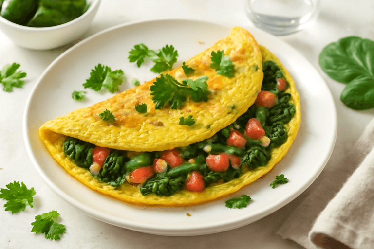 Omelet clásico alto en proteínas con espinaca y tomate