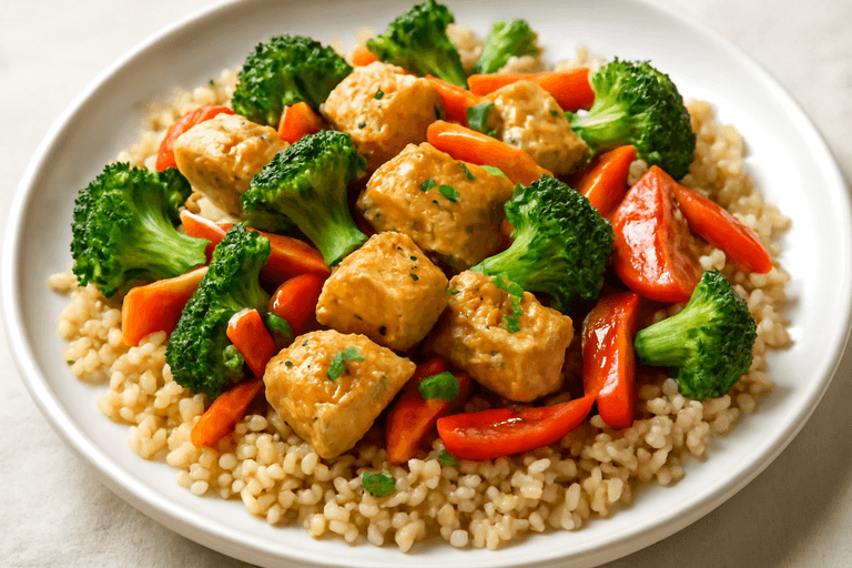 Hähnchen-Gemüse-Pfanne mit Vollkornreis