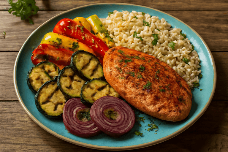 Kyckling med grillade grönsaker och fullkornsris