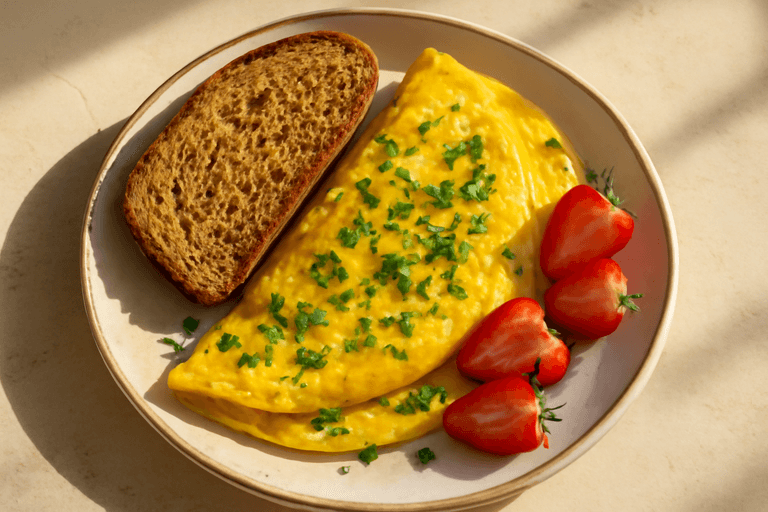 Colazione Energetica Classica: Omelette alle Erbe con Pane Integrale e Frutta Fresca