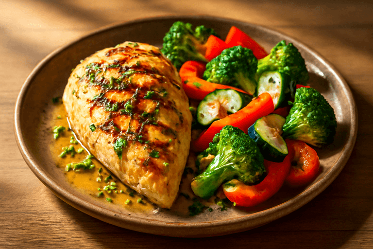 ヘルシーチキンと野菜のグリル・ガーリックレモンソース添え