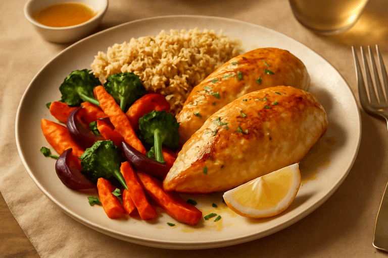 Saftiga kycklingfiléer med rostade grönsaker och quinoa