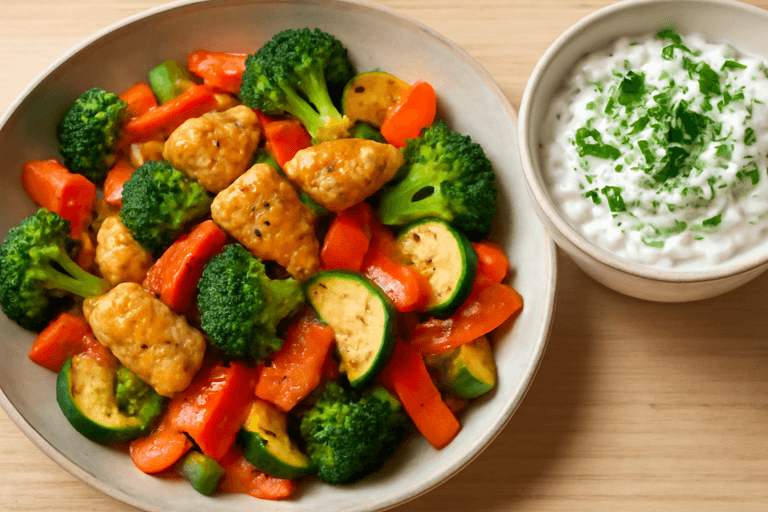 Hähnchen-Gemüse-Pfanne mit Kräuterquark