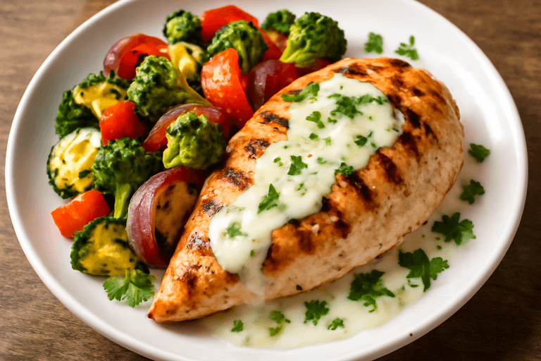 Piept de pui la grătar cu legume rumenite și sos de iaurt