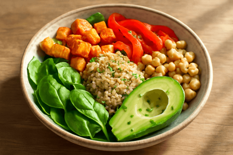Veganer Quinoa-Bowl mit geröstetem Gemüse und Avocado