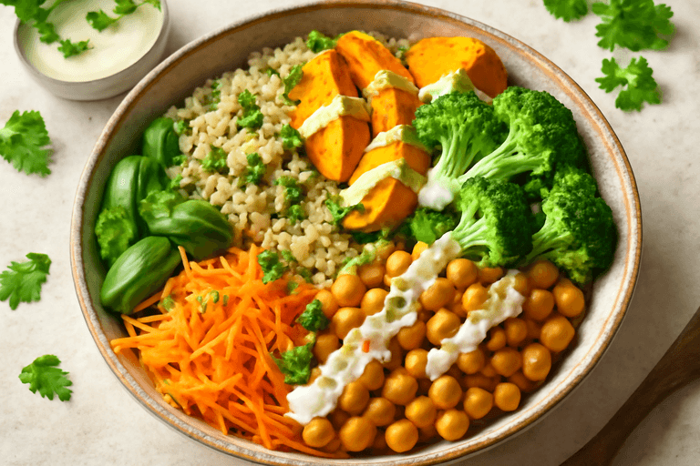 Veganer Quinoa-Gemüse-Bowl mit Tahini-Dressing