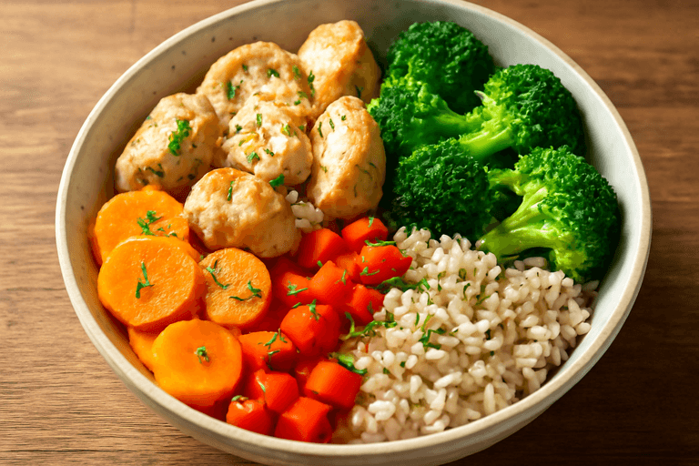 Hähnchen-Gemüse-Bowl mit Vollkornreis