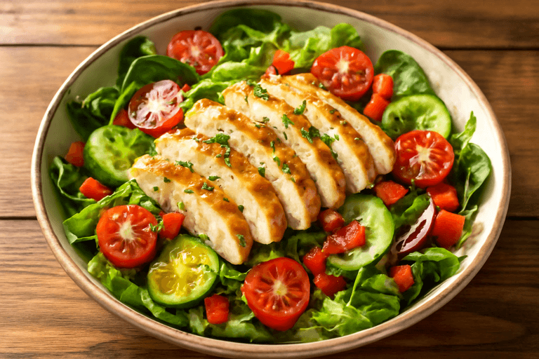 Klassisk kyckling- och grönsakssallad med lätt senapsdressing