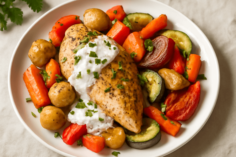 Ugnsbakad kycklingfilé med rostade grönsaker och citronyoghurt