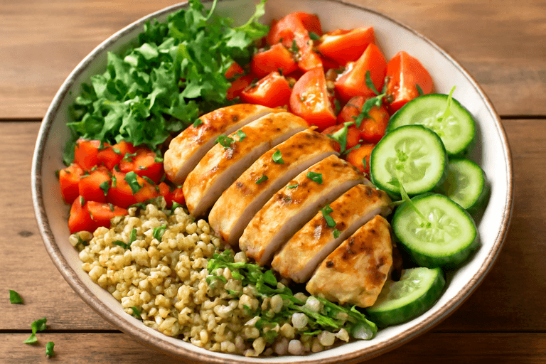Salade de Poulet Grillé au Quinoa, Légumes Croquants & Vinaigrette Citronnée
