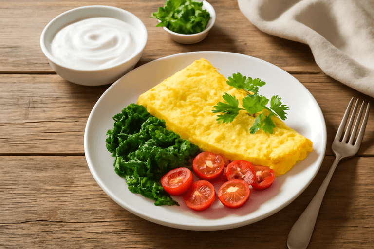 Легкий сніданок з омлету, овочів і йогурту