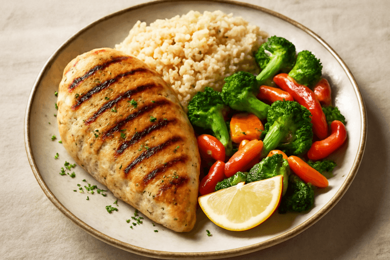 Pollo a la plancha con guarnición de verduras y quinoa