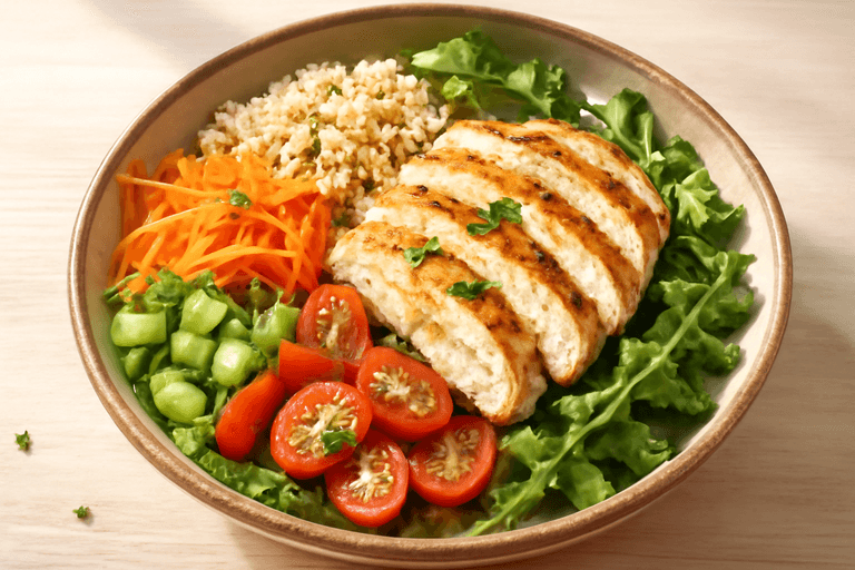 Salade de poulet grillé, quinoa et légumes croquants