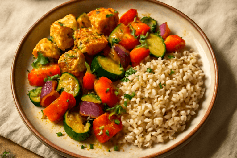 Kruidige Kippenfilet met Volkorenrijst en Mediterrane Groenten