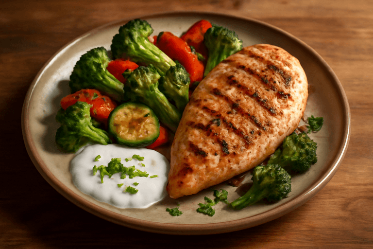 Куриное филе с овощами на гриле и йогуртовым соусом