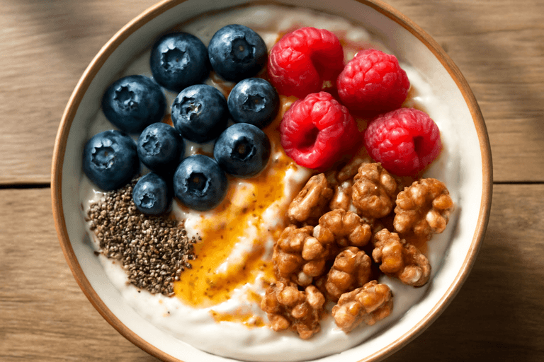 Energigivande frukostskål med bär och nötter