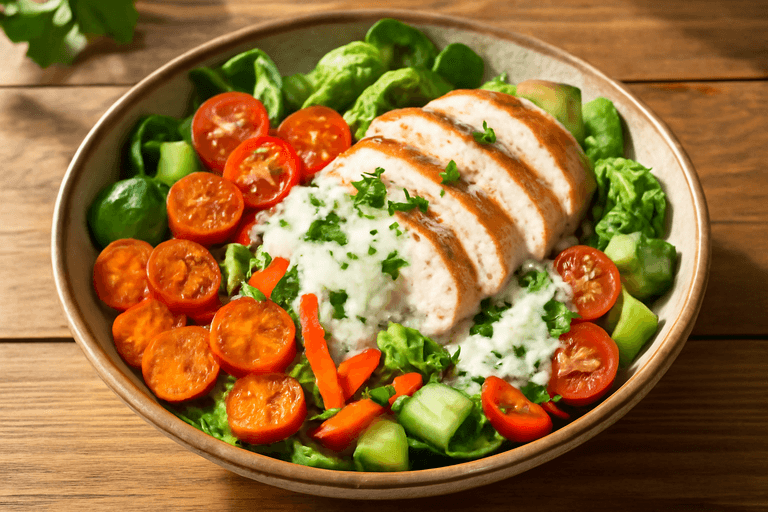 Klassisk kycklingsallad med rostade grönsaker & kvargdressing