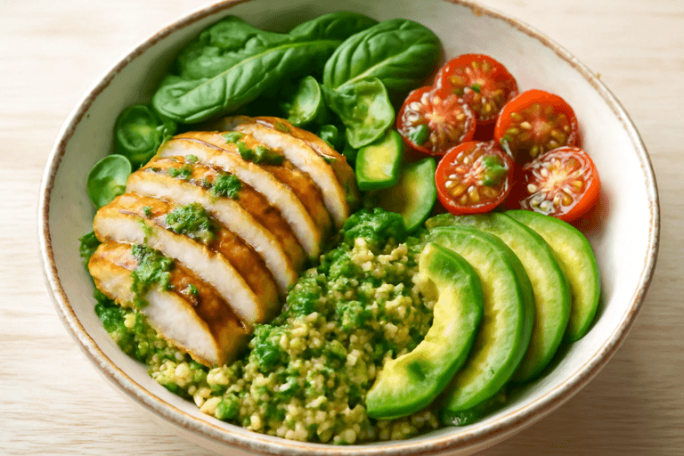 Классический куриный салат с киноа и зелёным соусом