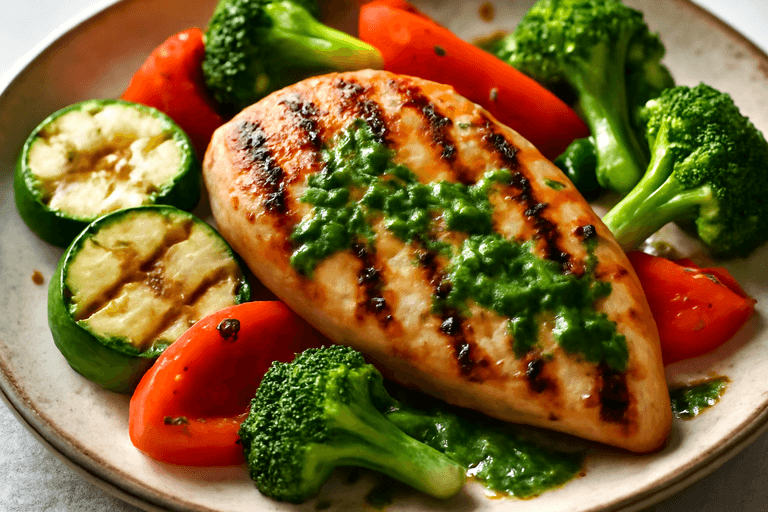 Куриное филе с овощами на гриле и зелёным соусом