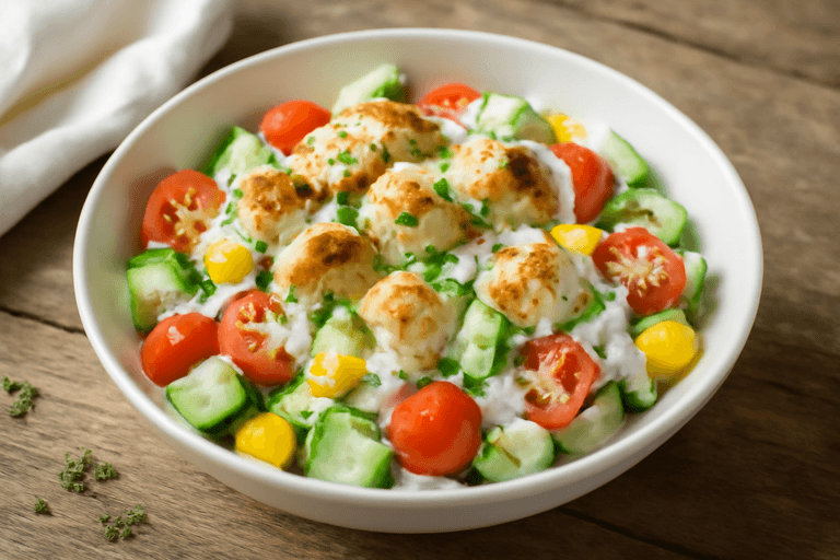 Легкий куриный салат с греческим йогуртом и овощами