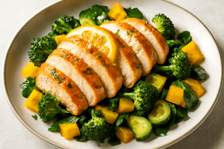 Leichtes Zitronen-Hähnchen mit buntem Gemüse