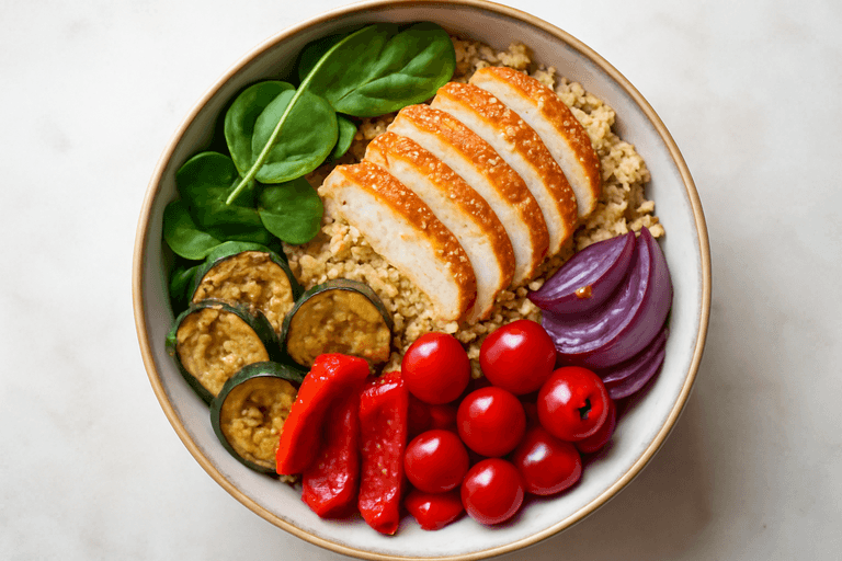 Energiegevende kip-quinoasalade met geroosterde groenten