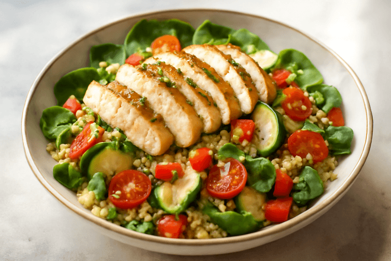 Insalata tiepida di pollo, quinoa e verdure croccanti