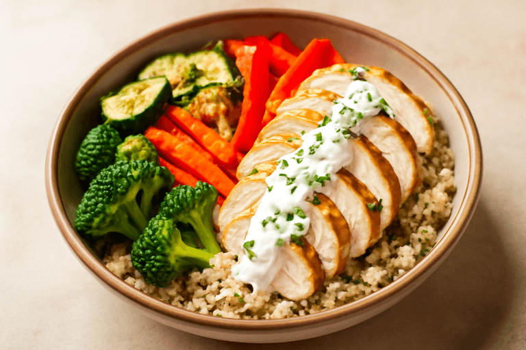 Пилешка купа с киноа и печени зеленчуци