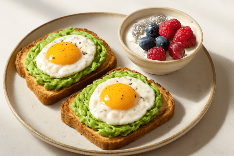 Tostada Energética de Aguacate, Huevo y Yogur con Frutos Rojos
