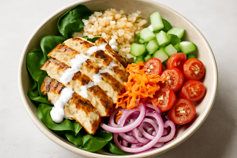 Bowl mediterráneo de pollo y quinoa crujiente