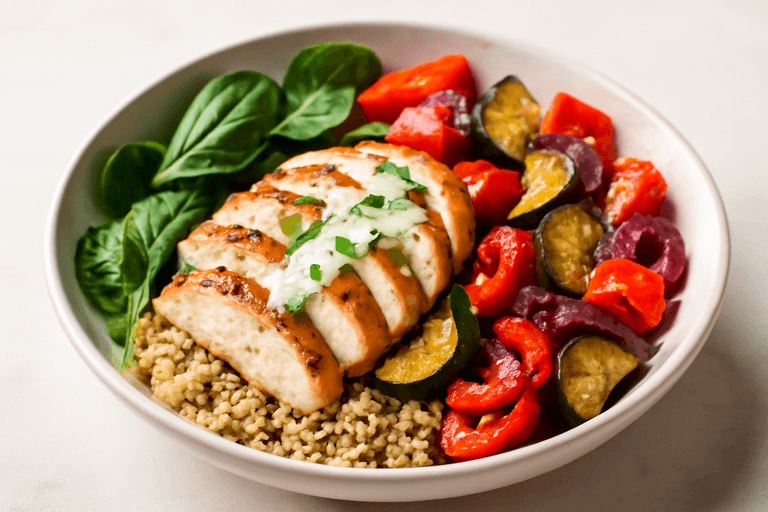 Bowl ligero de pollo mediterráneo con quinoa y verduras asadas