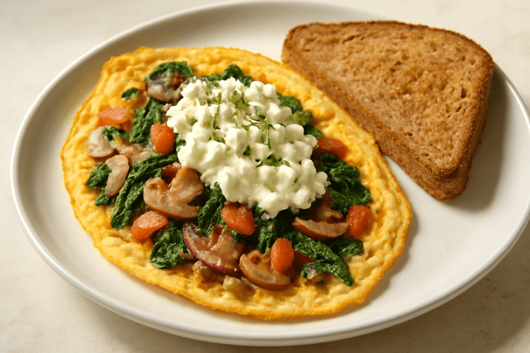 Omletă sățioasă cu legume, brânză slabă și pâine integrală