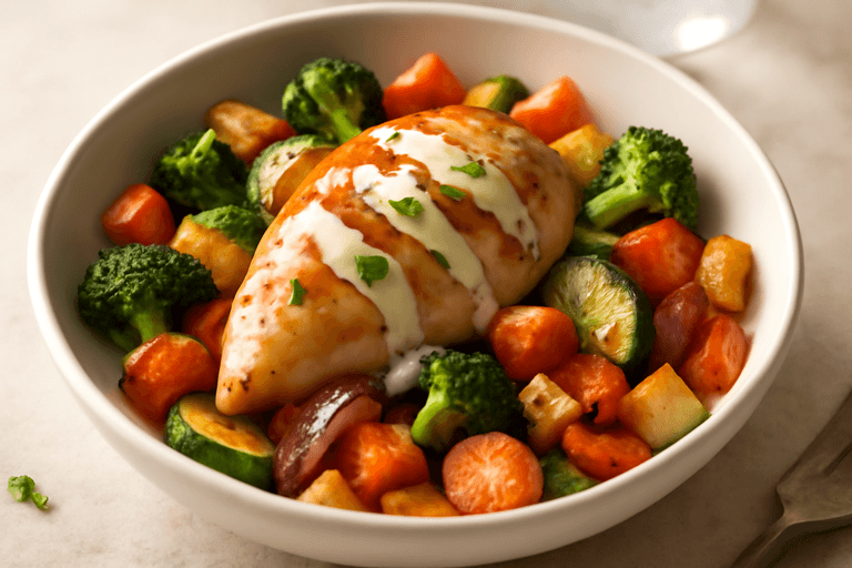 Piept de pui cu legume la tavă și sos ușor de iaurt cu muștar